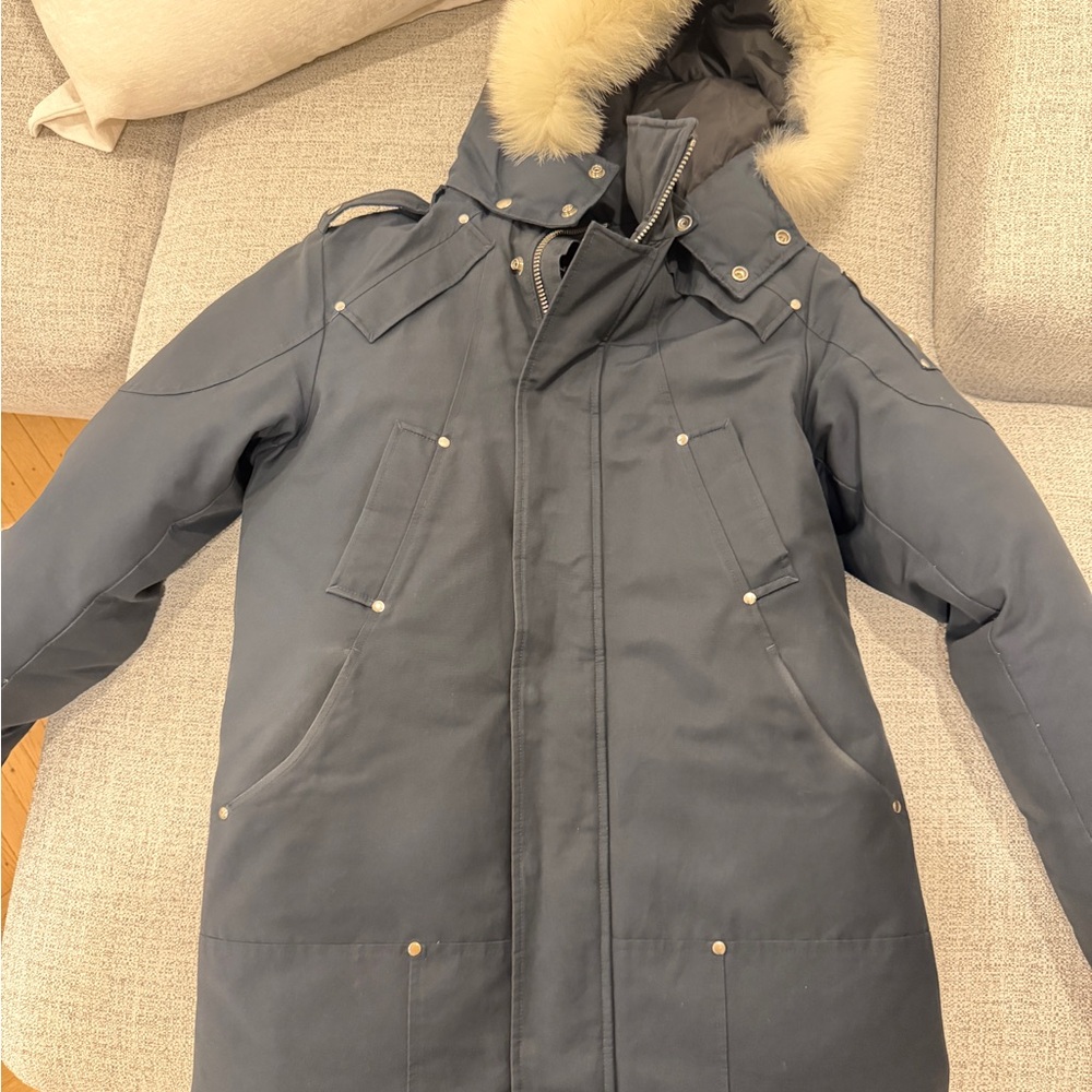 Moose Knuckles Dark Gray Puffer with Fur Trim